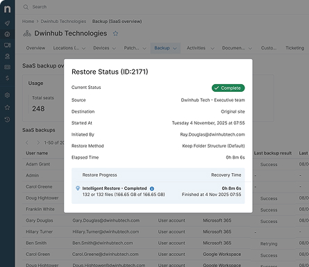 NinjaOne backup interface for protecting and recovering client data