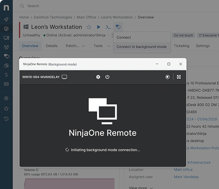 NinjaOne remote access interface for supporting client devices