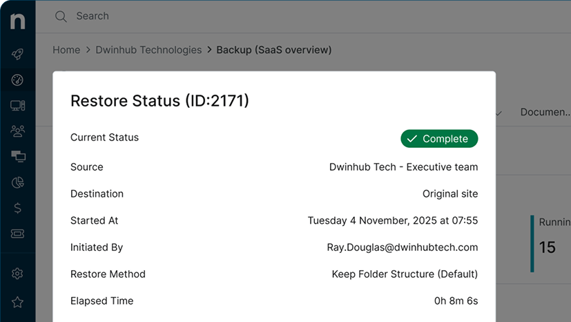 NinjaOne IT dashboard showing restore status